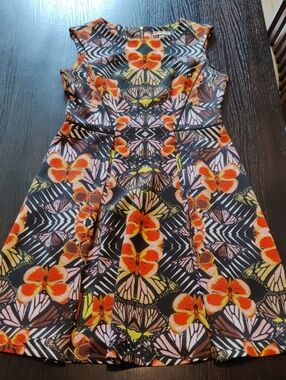 Dress Barn Black Floral-Patterned Midi Dress with Orange Accents
